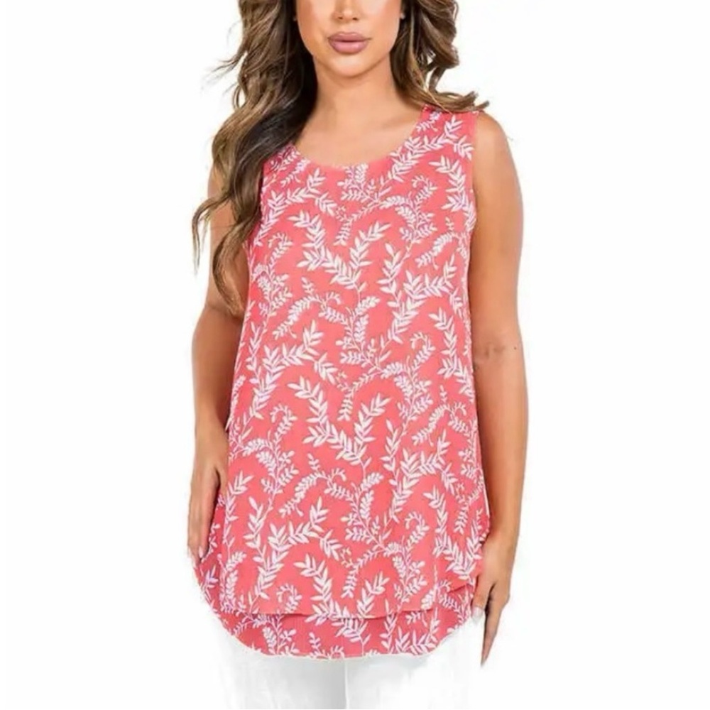 Cristina B Sleeveless Tunic Top Peach Leaf Print In Cream Flowy Feminine Sz Med